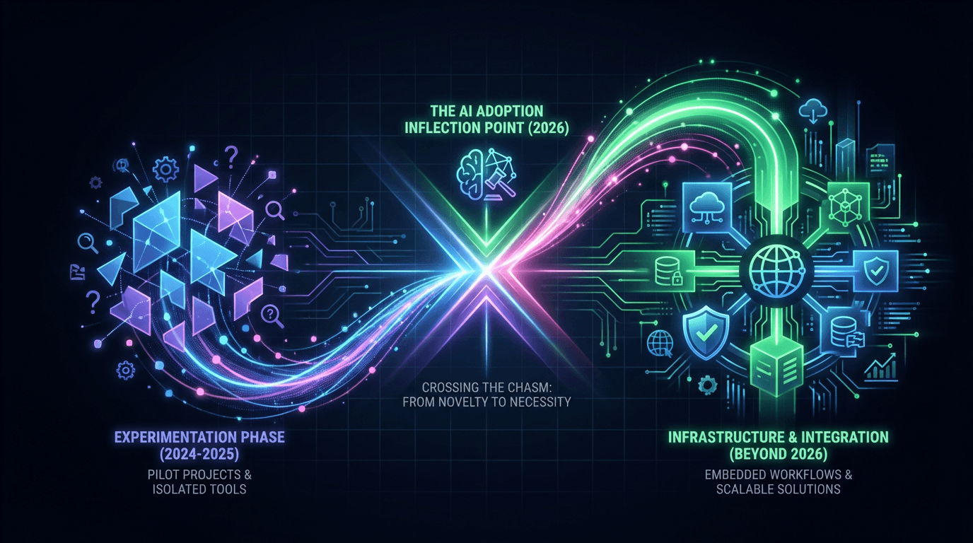 Abstract visualization of exponential growth curves and data network nodes representing the inflection point in legal AI adoption