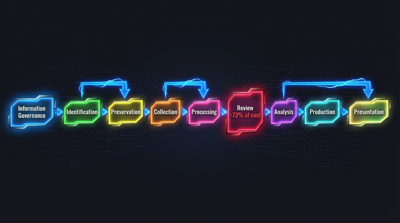 The EDRM lifecycle. Document review (highlighted) consumes the vast majority of production spend.
