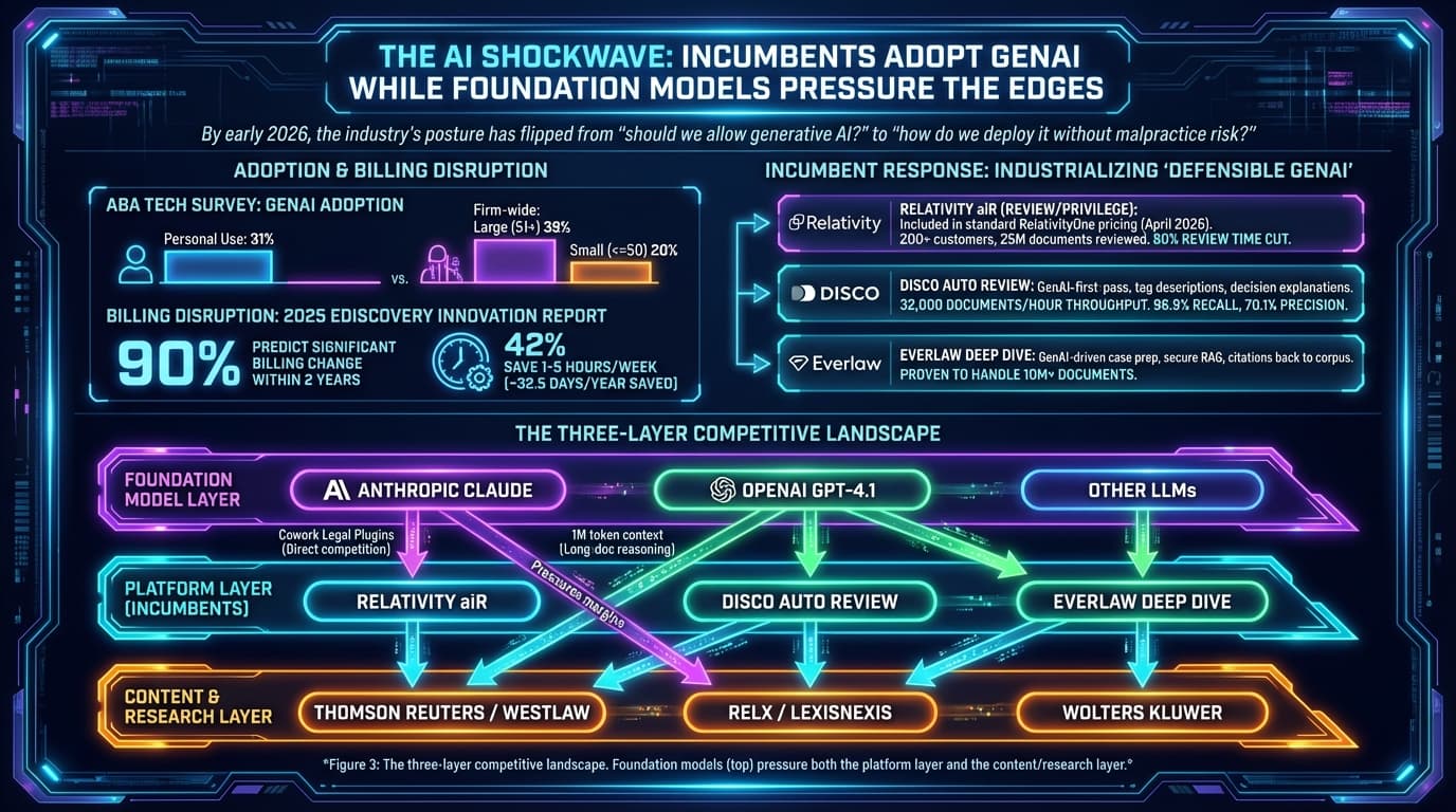 The three-layer competitive landscape showing Foundation Models, Platform Layer, and Content & Research Layer
